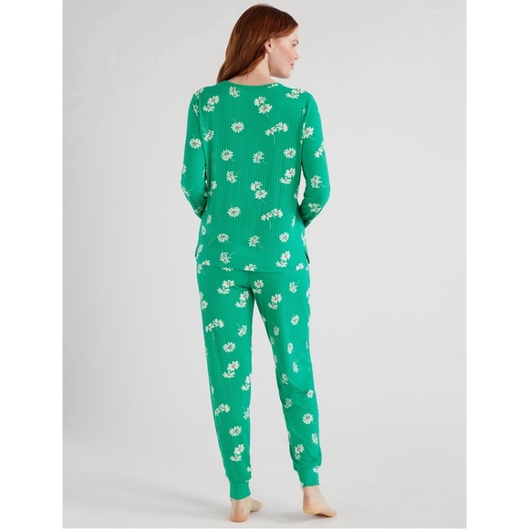 Joyspun Women’s Ribbed Green Floral Print Top and Pants Pajama Lounge Set - Picture 3 of 5